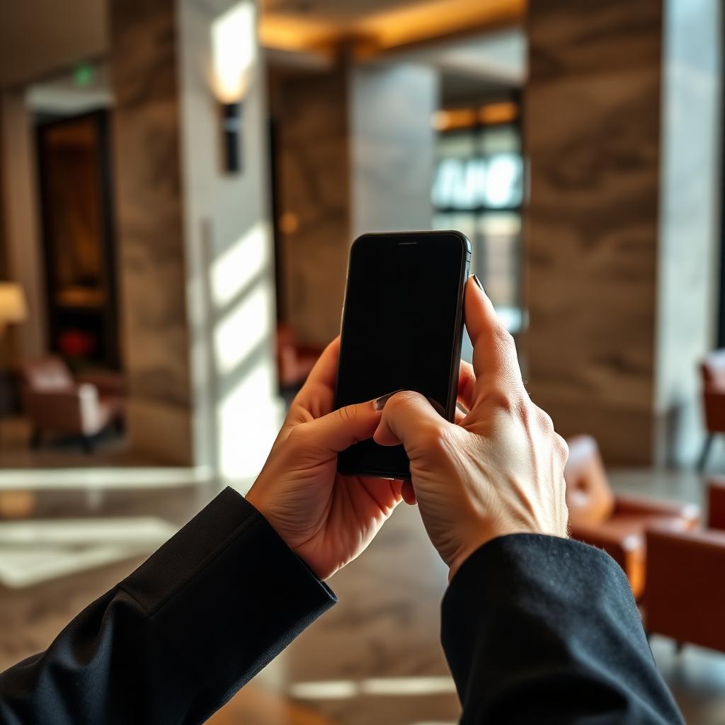 Hands holding a smartphone in a boutique hotel lobby