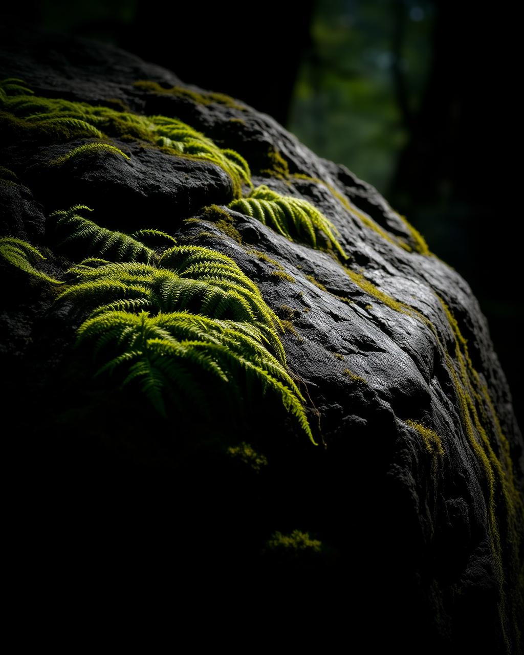 Moss-covered granite and ferns in Wistman's Wood